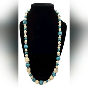 Retro vintage turquoise silver and white marble beaded necklace- 12''